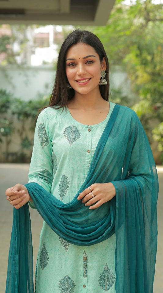 Mint Green Printed Kurta Set with Chiffon Dupatta