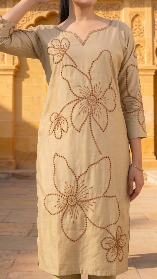 Mustard Beige Floral Kurta Set with Dupatta
