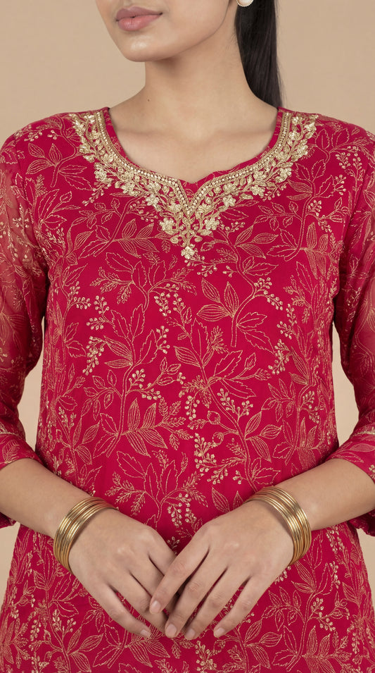 Pink with Gold accents Kurta Set with Floral Dupatta