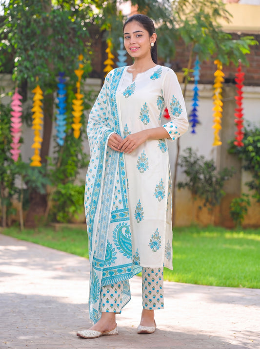 Floral Sky Blue Printed Kurta Set with Dupatta