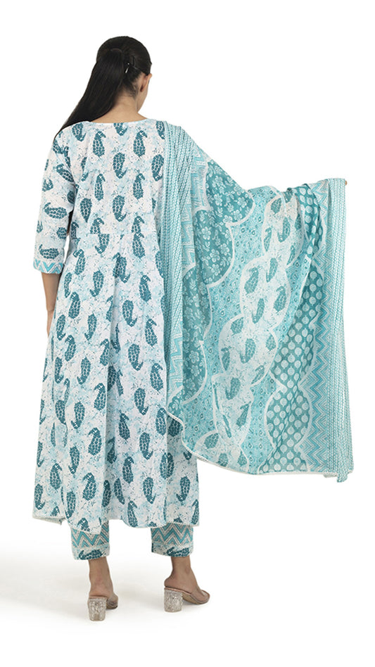 Aqua Blue Printed Anarkali Kurta Set with Dupatta