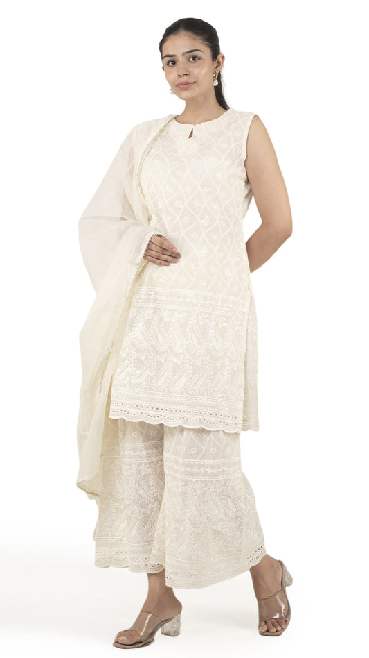 Ivory Chikankari Kurta Sharara Set with Dupatta