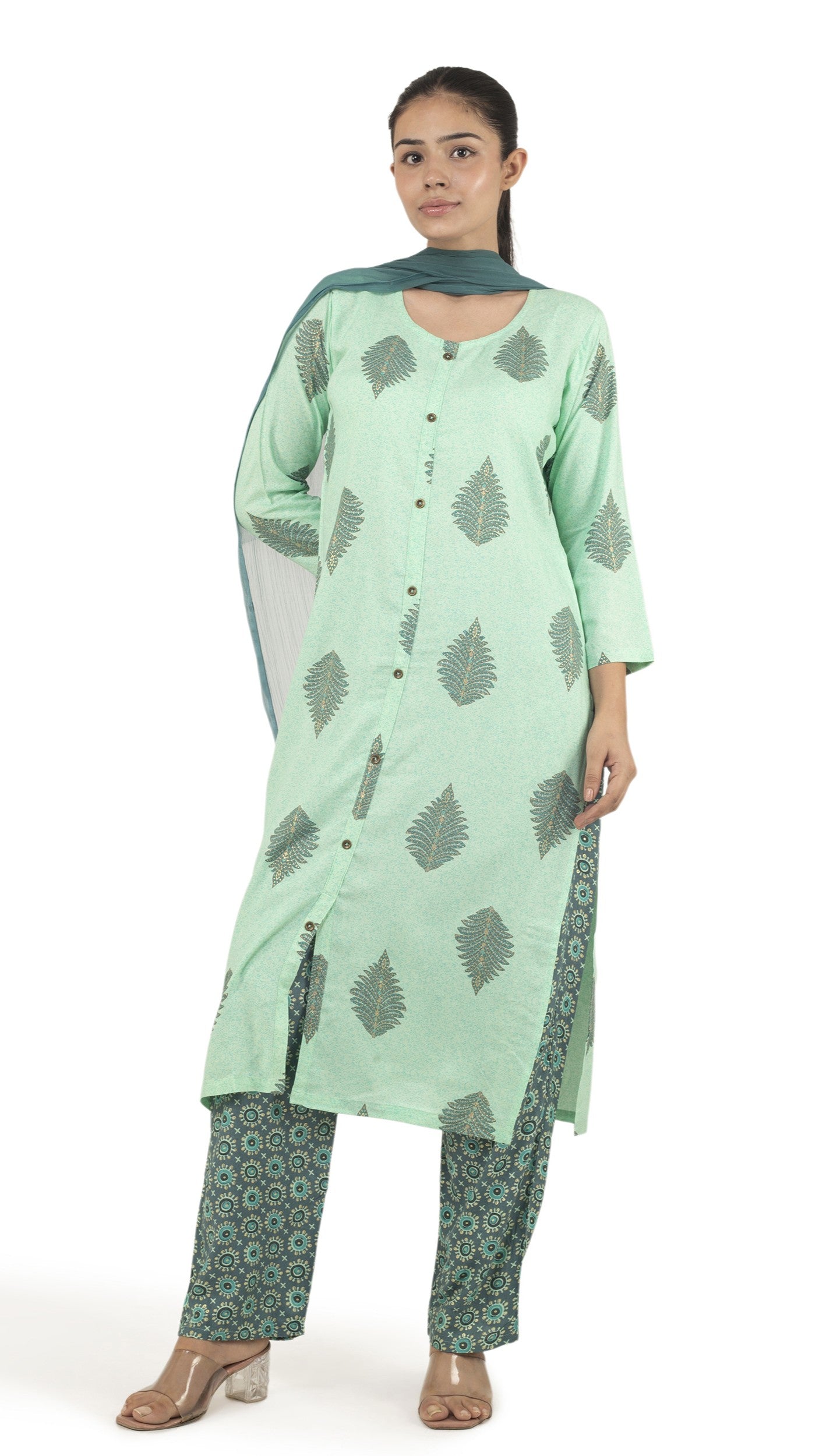 Mint Green Printed Kurta Set with Chiffon Dupatta