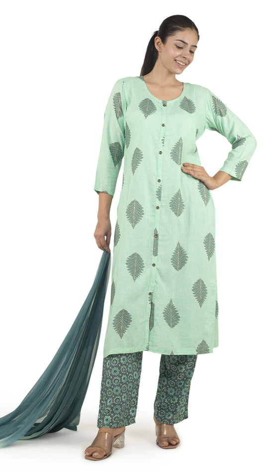 Mint Green Printed Kurta Set with Chiffon Dupatta