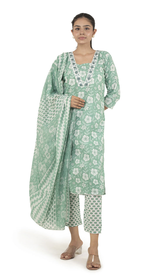Mint Green Floral Printed Kurta Pant Set with Dupatta