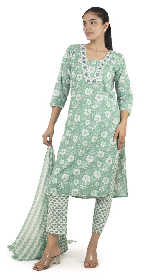Mint Green Floral Printed Kurta Pant Set with Dupatta
