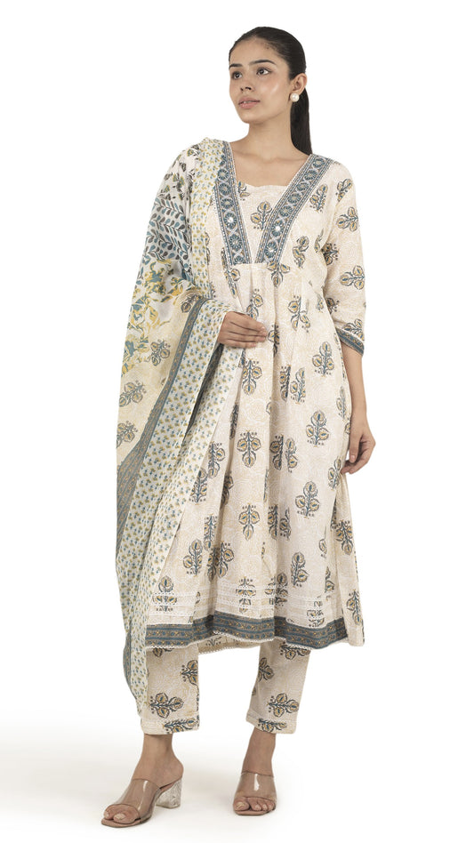 Cream Floral Printed Anarkali Suit Set with Dupatta