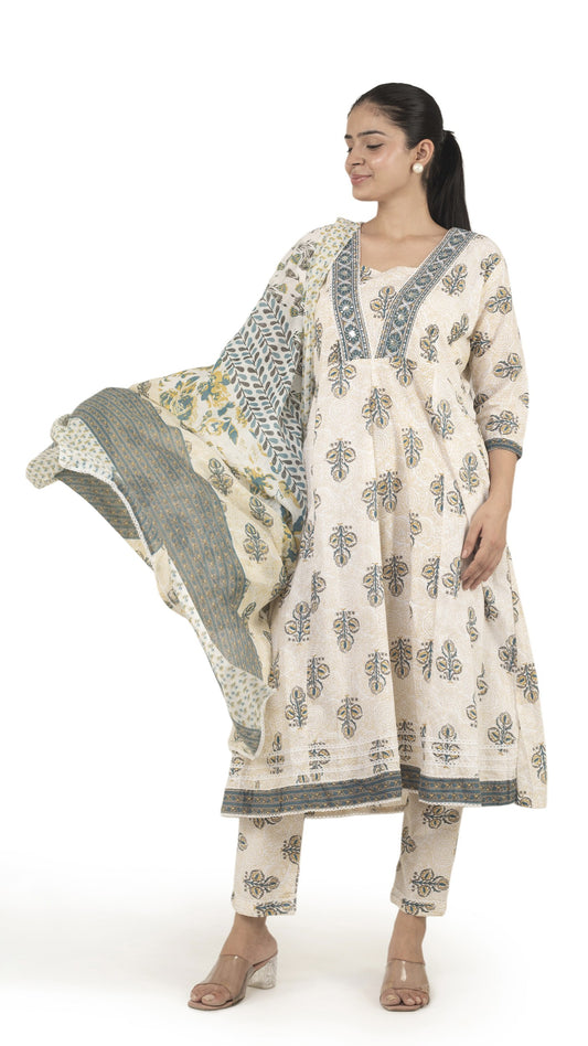 Cream Floral Printed Anarkali Suit Set with Dupatta