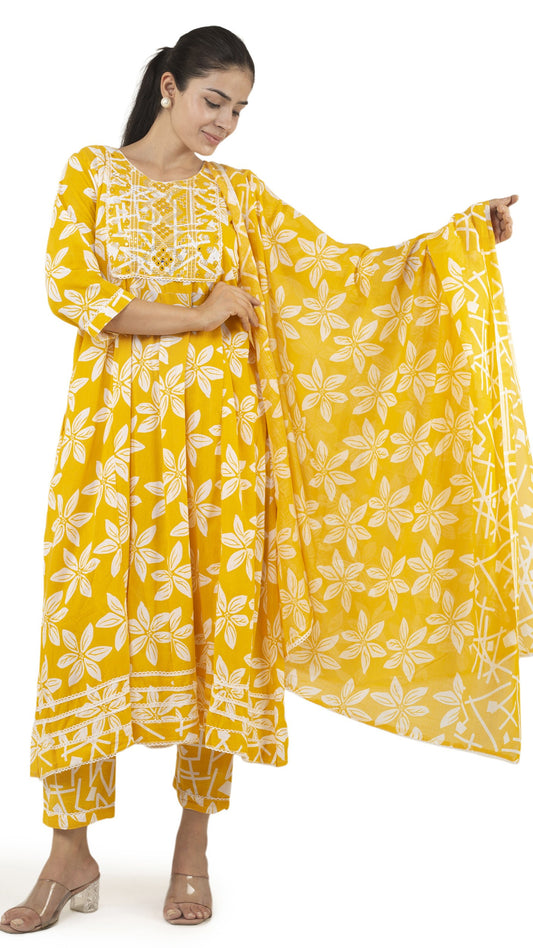 Bright Yellow Floral Printed Anarkali Suit Set with Dupatta