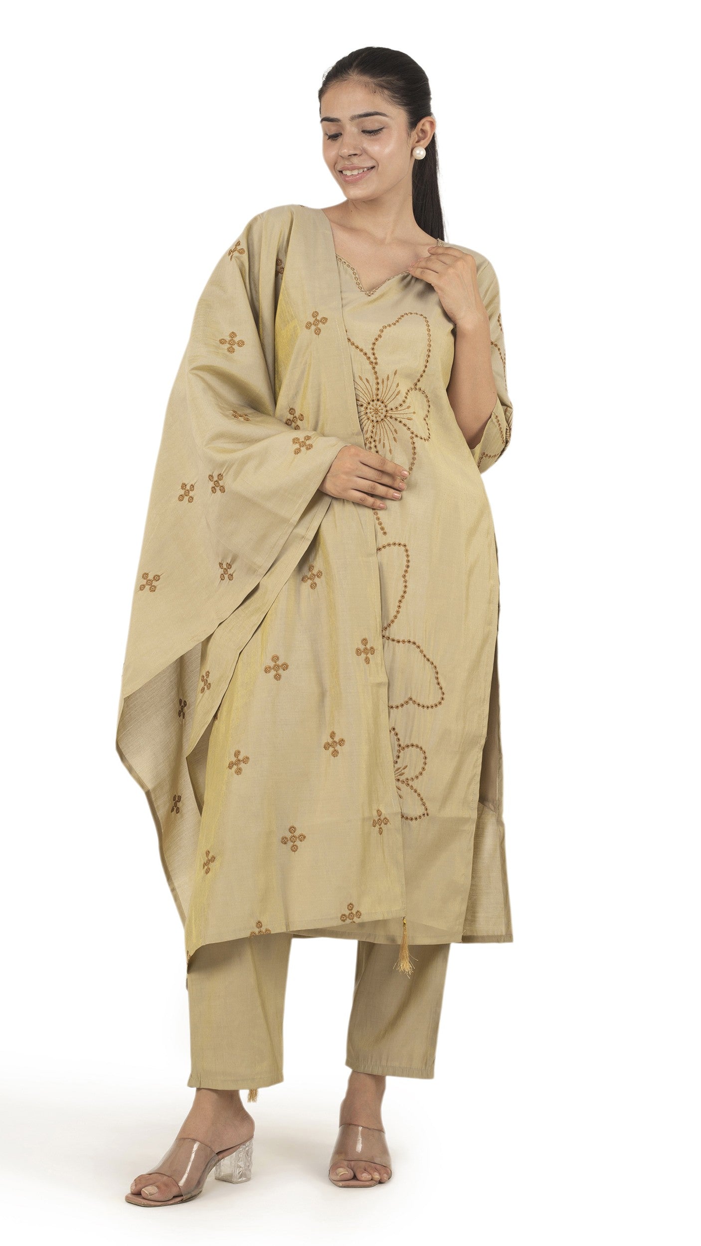 Mustard Beige Floral Kurta Set with dupatta.