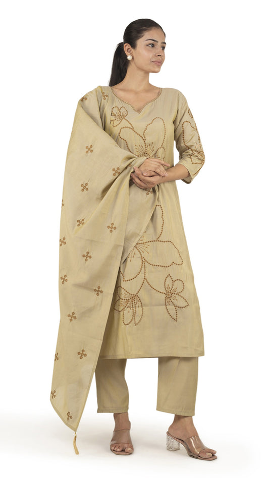 Mustard Beige Floral Kurta Set with dupatta.