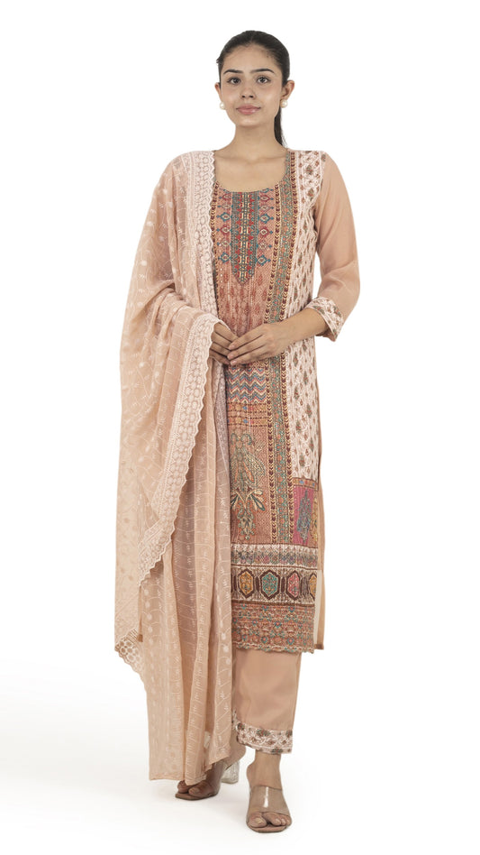 Beige Embroidered Kurta Set with Chiffon Dupatta