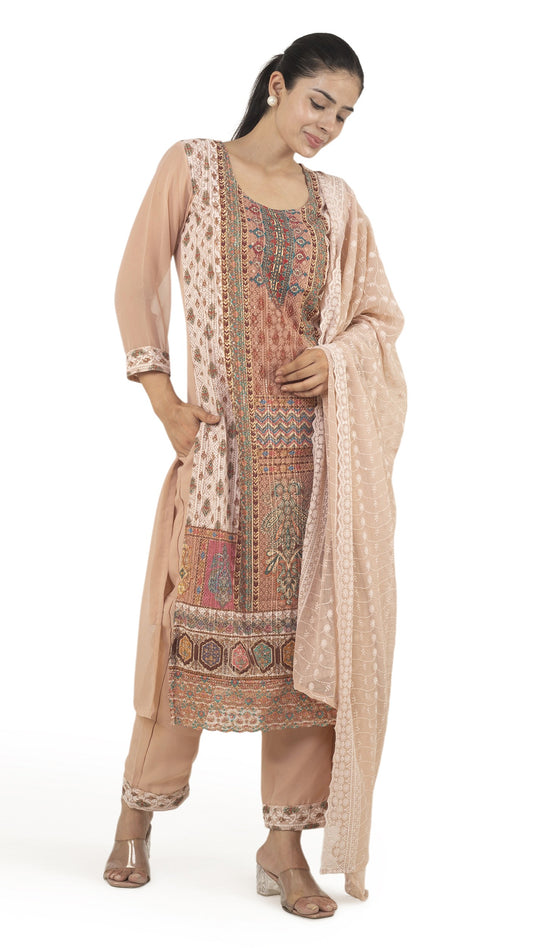 Beige Embroidered Kurta Set with Chiffon Dupatta