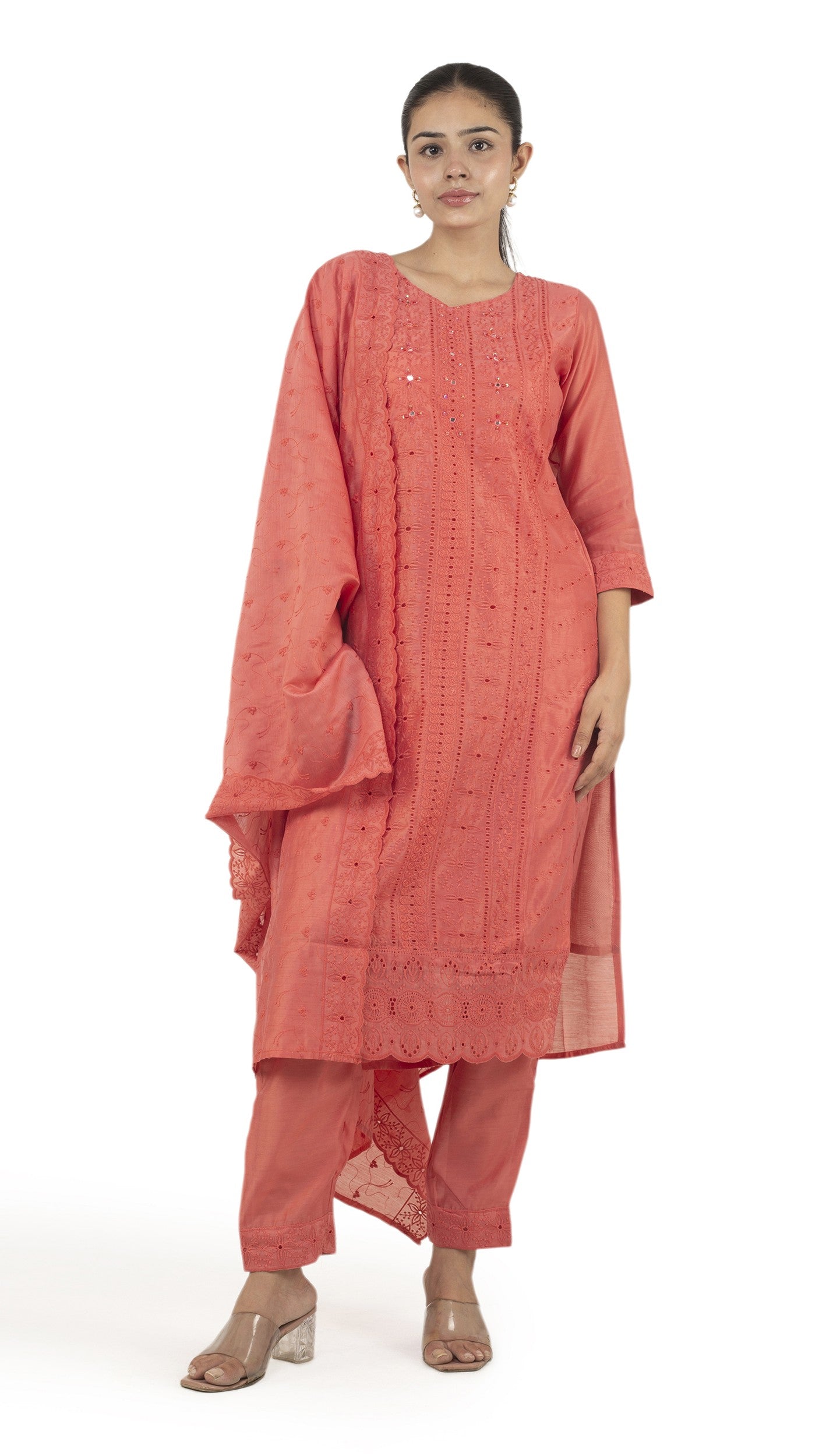 Coral Roman Silk Lucknowi Embroidered Kurta Set