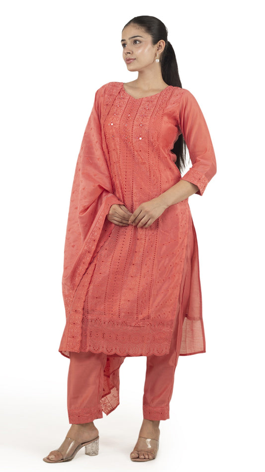 Coral Roman Silk Lucknowi Embroidered Kurta Set