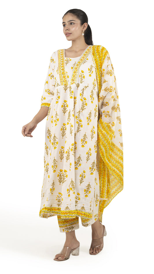 Sunshine Yellow Floral Anarkali Kurta Set with Dupatta
