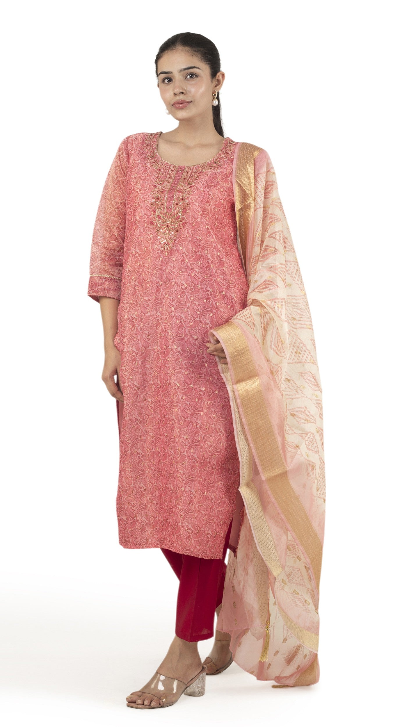 Peach Charm Kurta Set with Golden Border Dupatta.