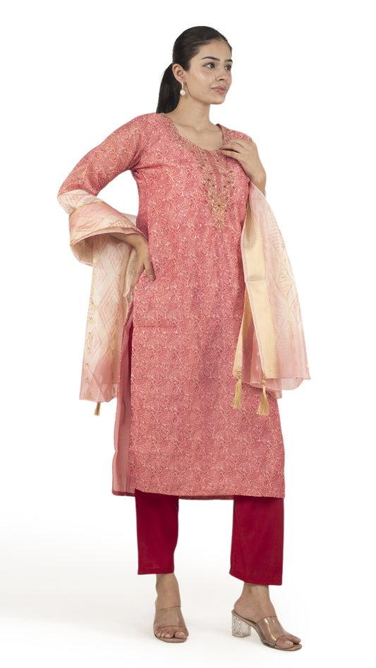 Peach Charm Kurta Set with Golden Border Dupatta.