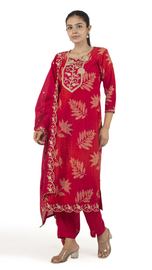 Red Zari Embroidered Kurta Set with Dupatta