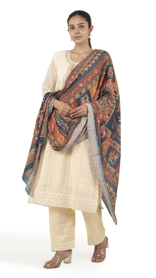 Chikankari-Style Kurta Set with Contrast Dupatta