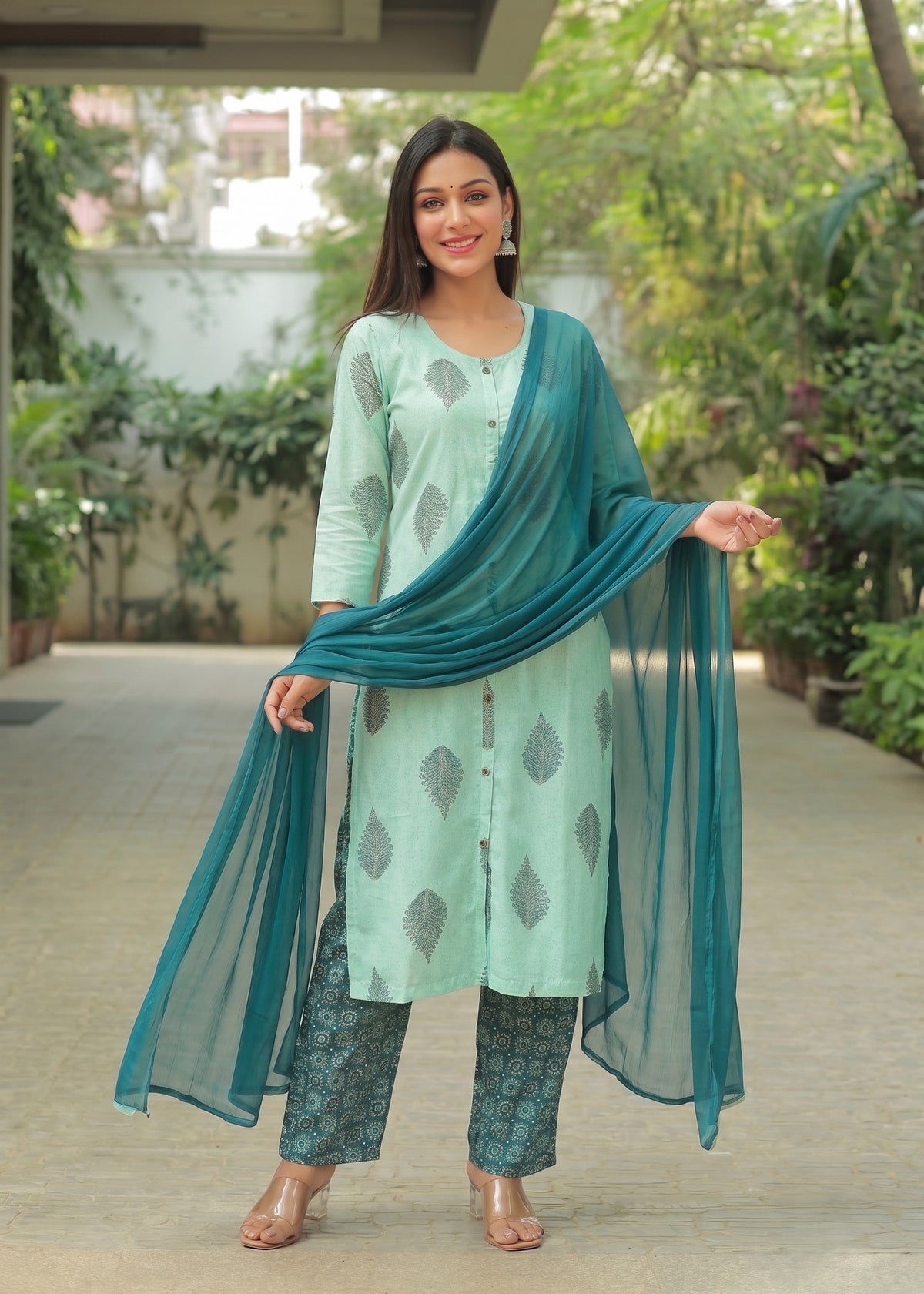 Mint green printed kurta set with chiffon dupatta – front view