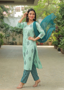 Mint Green Printed Kurta Set with Chiffon Dupatta