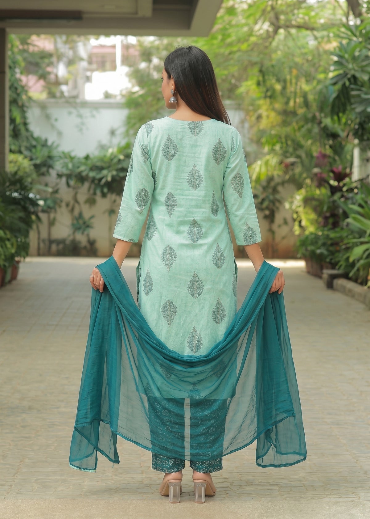 Mint green printed kurta set – back view with dupatta