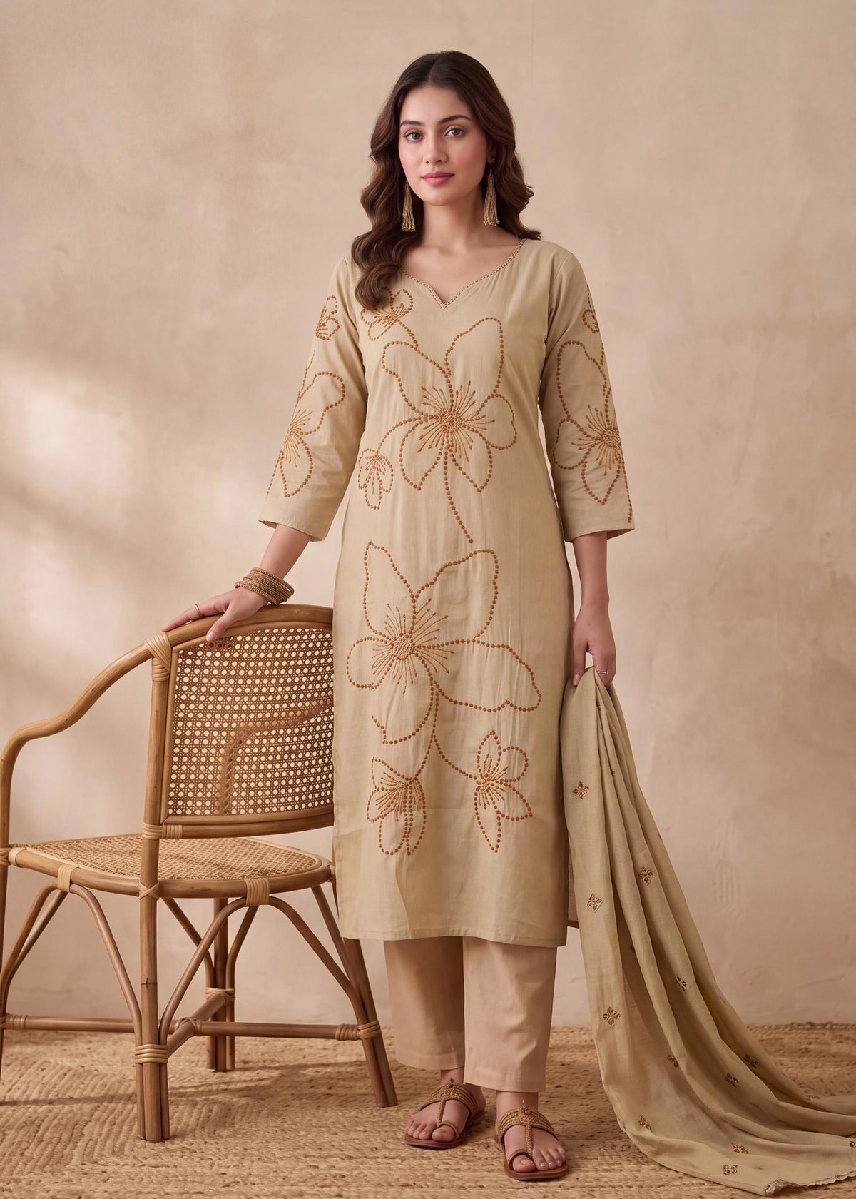 Beige Roman Silk Shimmer Embroidered Kurta Set with Dupatta – front view