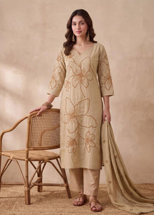 Mustard Beige Floral Kurta Set with Dupatta