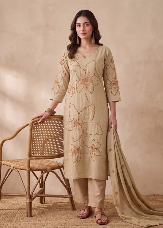 Mustard Beige Floral Kurta Set with Dupatta