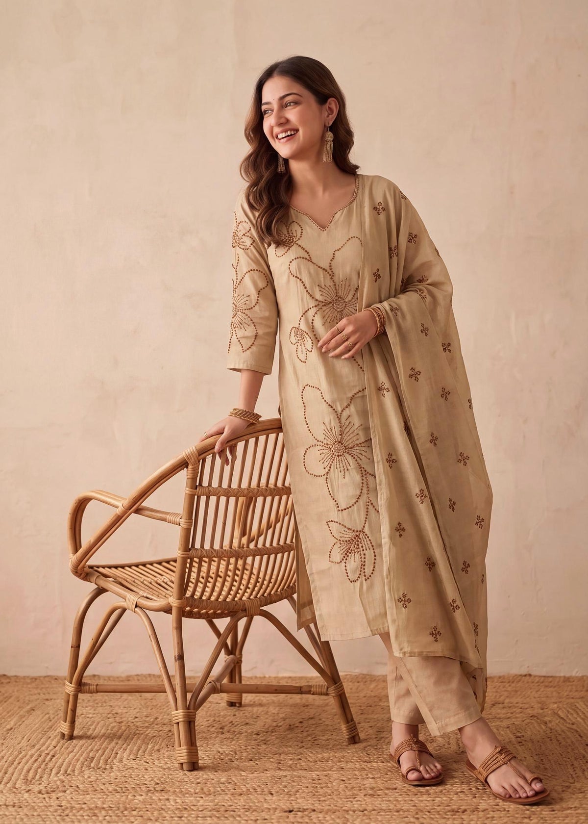 Beige Roman Silk Shimmer Embroidered Kurta Set with Dupatta – worn by model