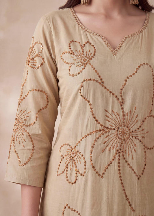 Mustard Beige Floral Kurta Set with Dupatta