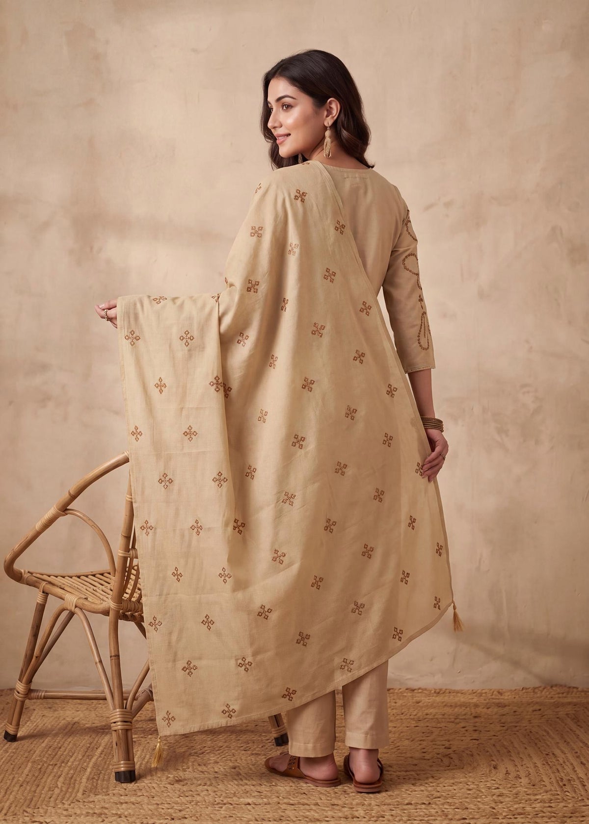 Beige Roman Silk Shimmer Embroidered Kurta Set with Dupatta – back view with dupatta
