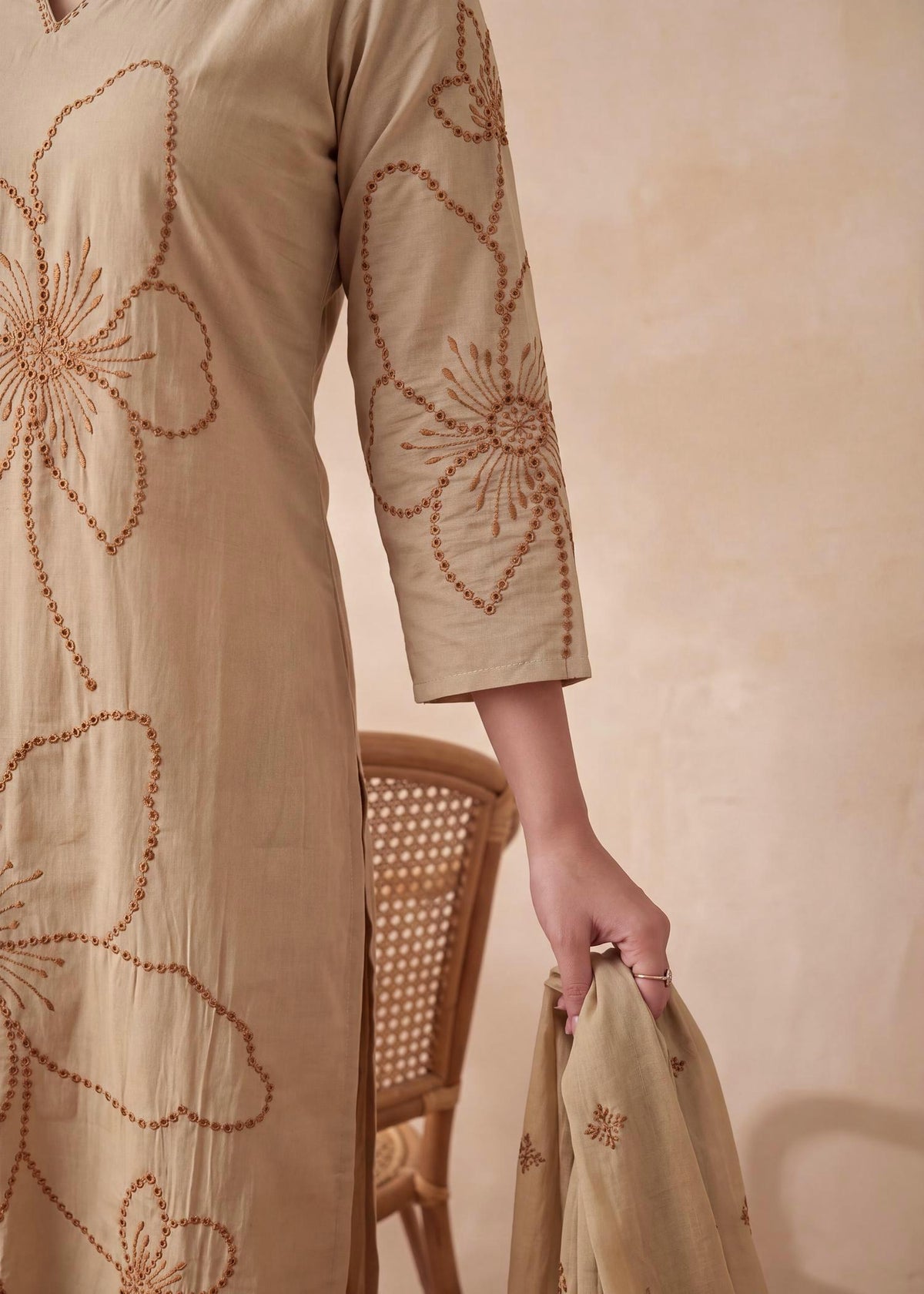 Beige Roman Silk Shimmer Embroidered Kurta Set with Dupatta – fabric detail