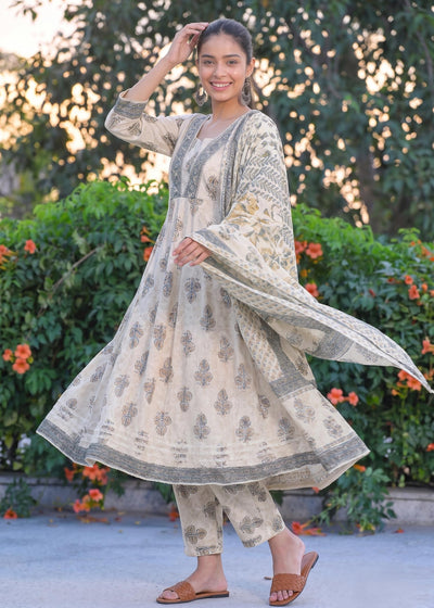 Cream Floral Anarkali