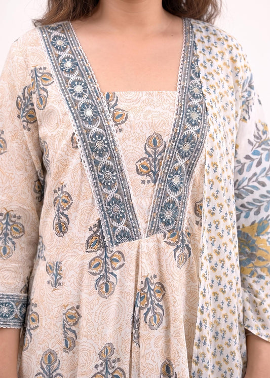 Cream Floral Printed Anarkali Suit Set with Dupatta