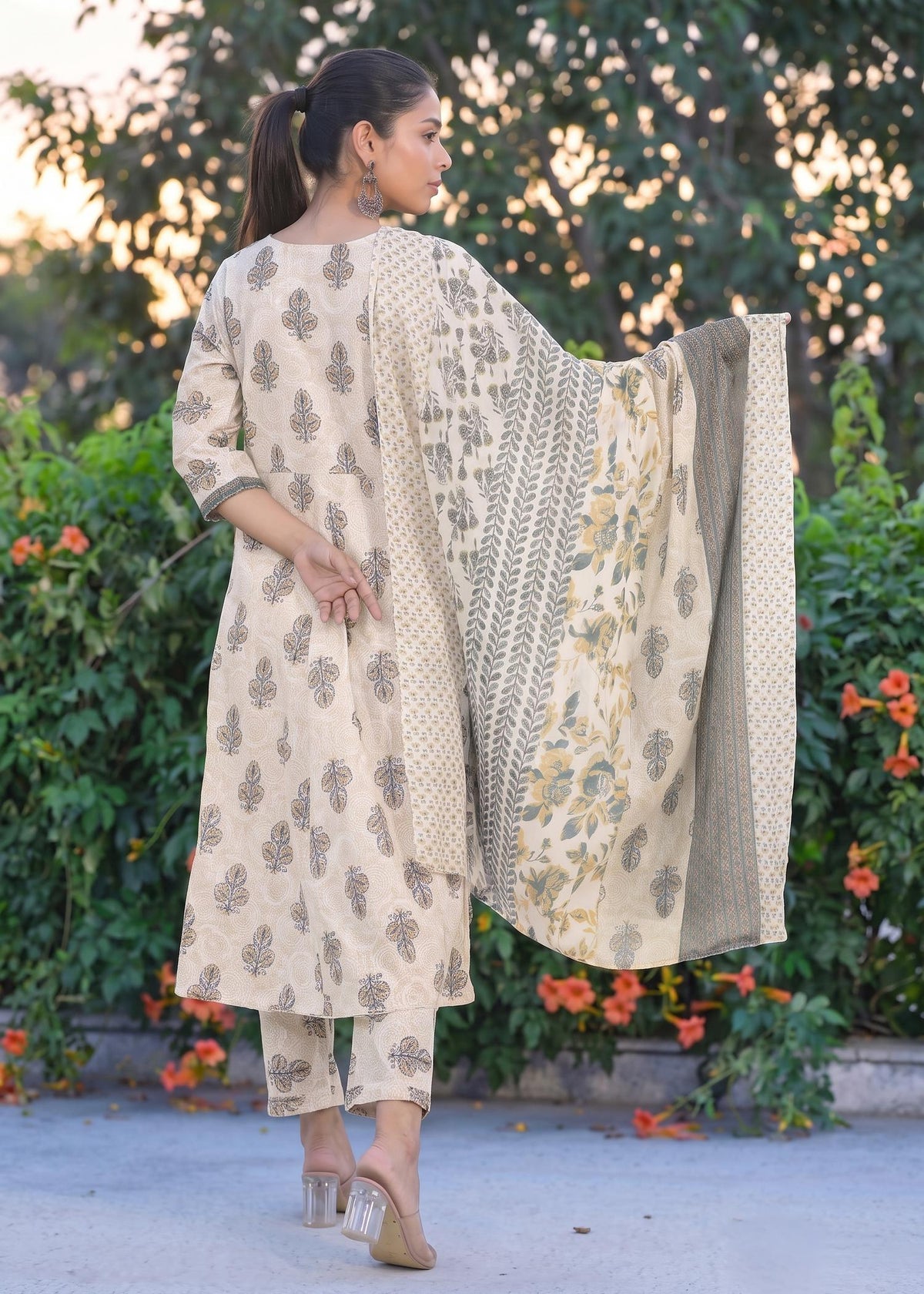 Cream Buta Print Cotton Anarkali Suit Set with Dupatta – back view with dupatta