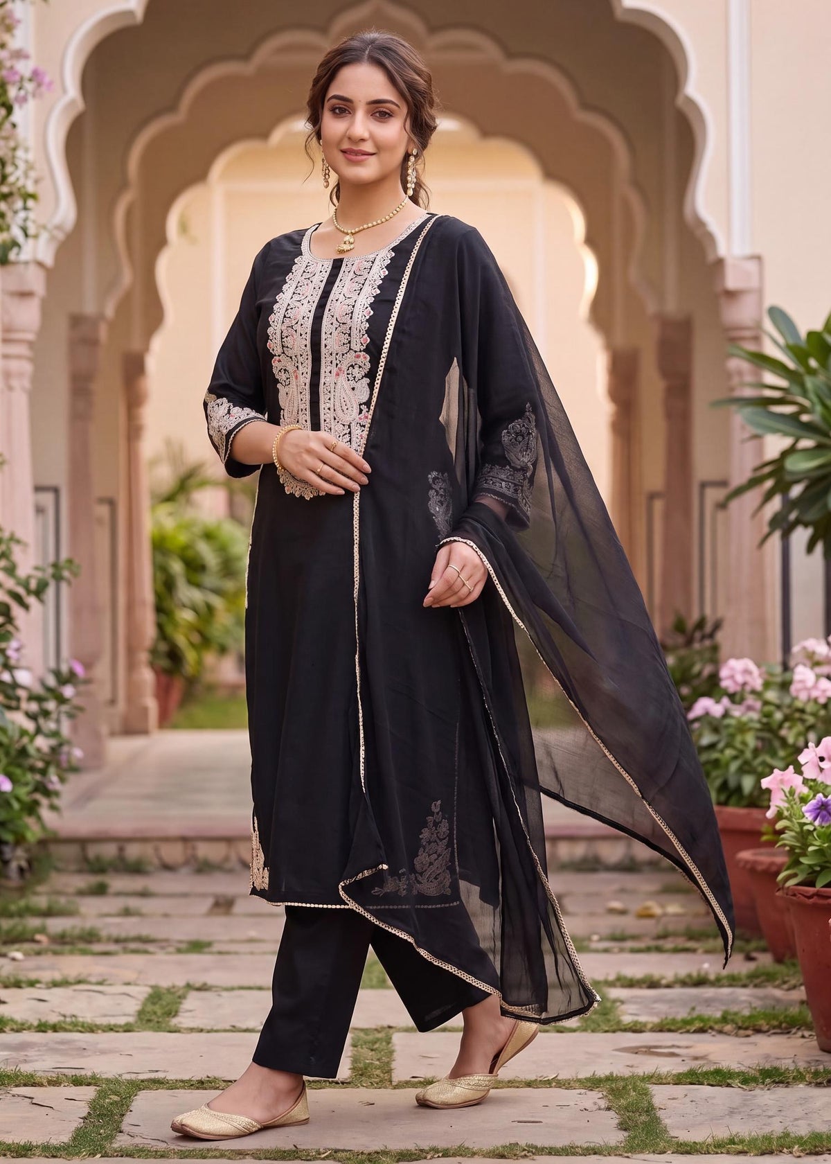 Black Dola Silk Heavy Embroidered Kurta Set with Chiffon Dupatta – front view with dupatta