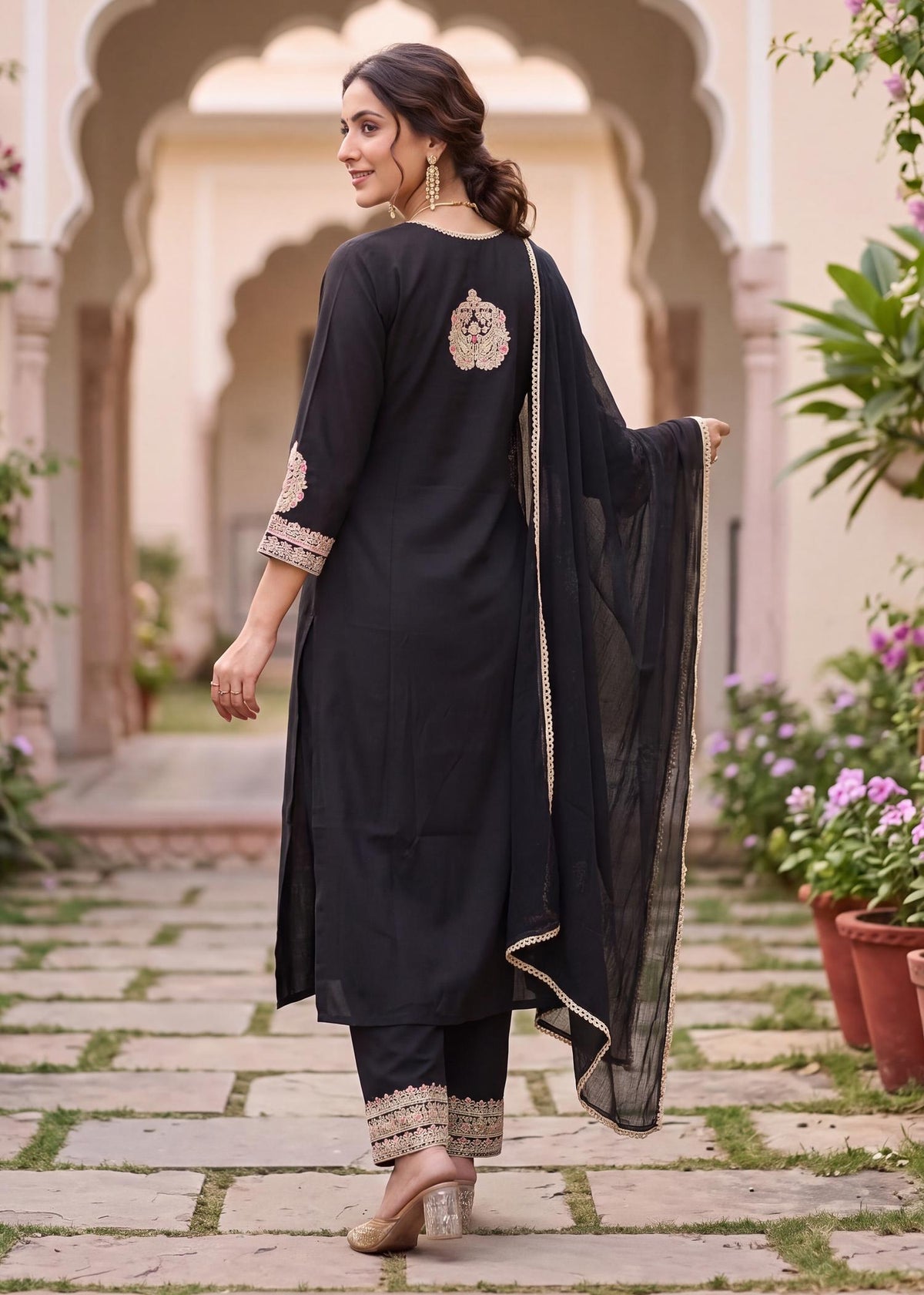 Black Dola Silk Heavy Embroidered Kurta Set with Chiffon Dupatta – back view with dupatta