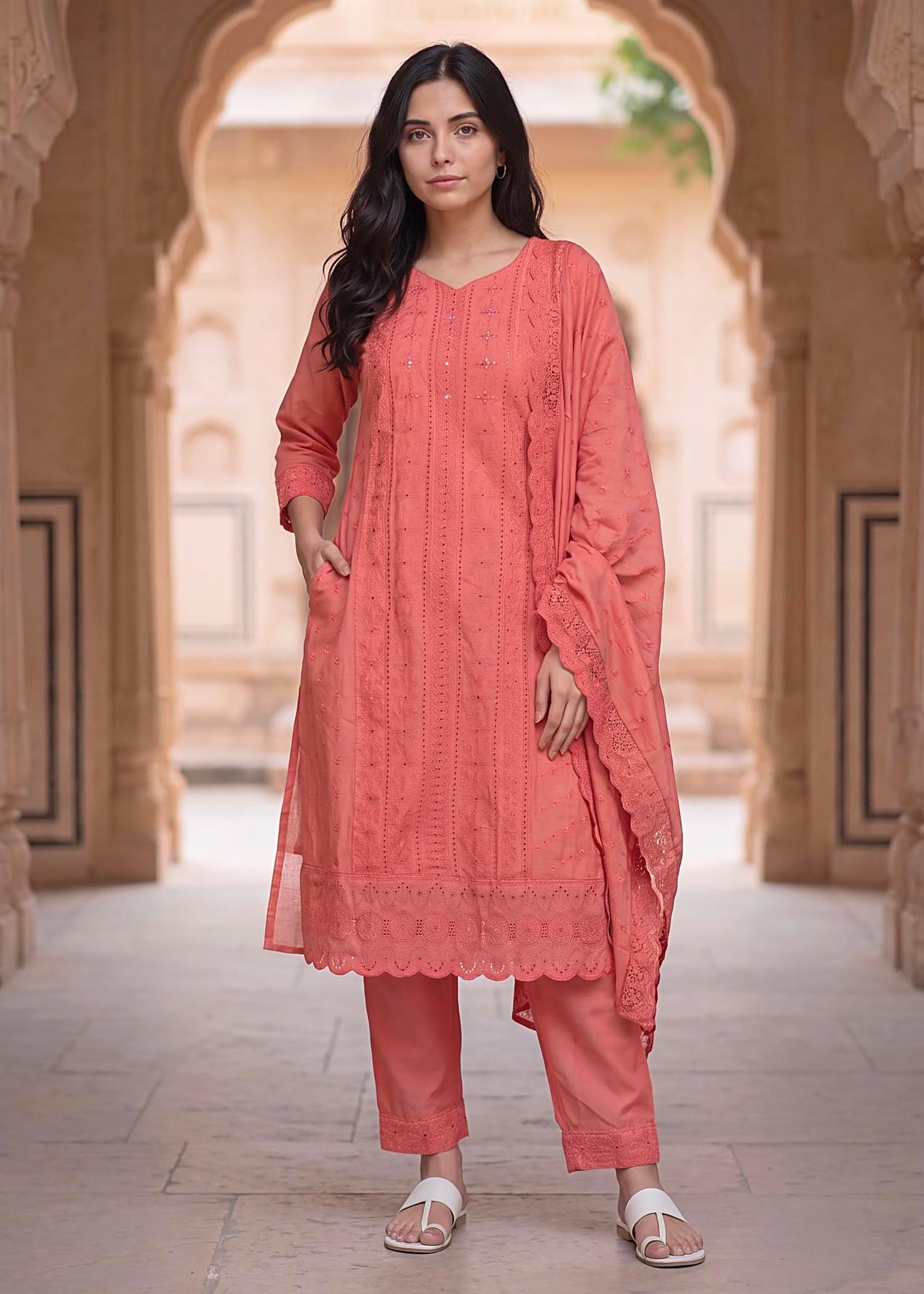 Coral Roman Silk Lucknowi Embroidered Kurta Set with Dupatta – worn by model