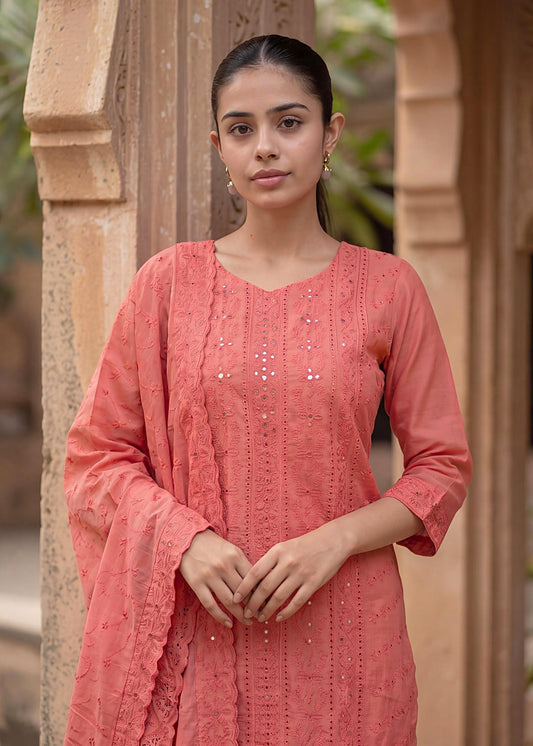 Coral Roman Silk Lucknowi Embroidered Kurta Set