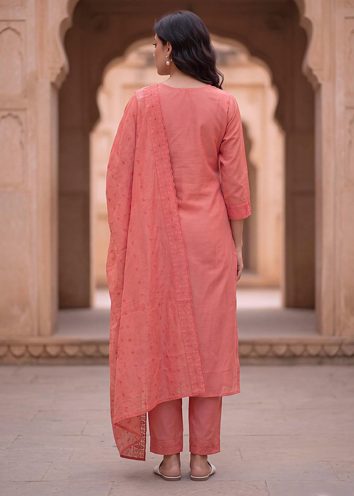 Coral Roman Silk Lucknowi Embroidered Kurta Set with Dupatta – back view with dupatta