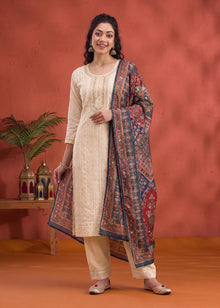 Chikankari-Style Kurta Set with Contrast Dupatta