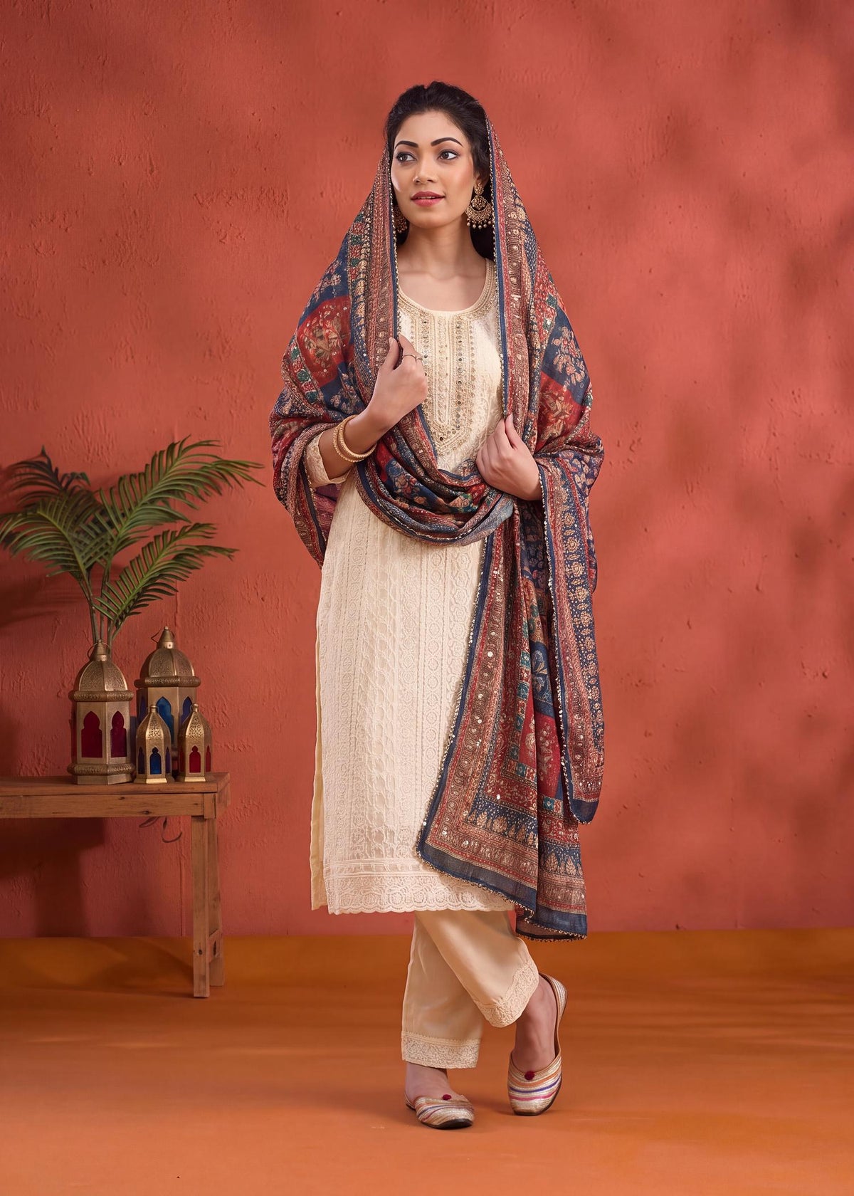 Cream Georgette Chikankari Kurta Set with Pearl Handwork Neck – worn by model