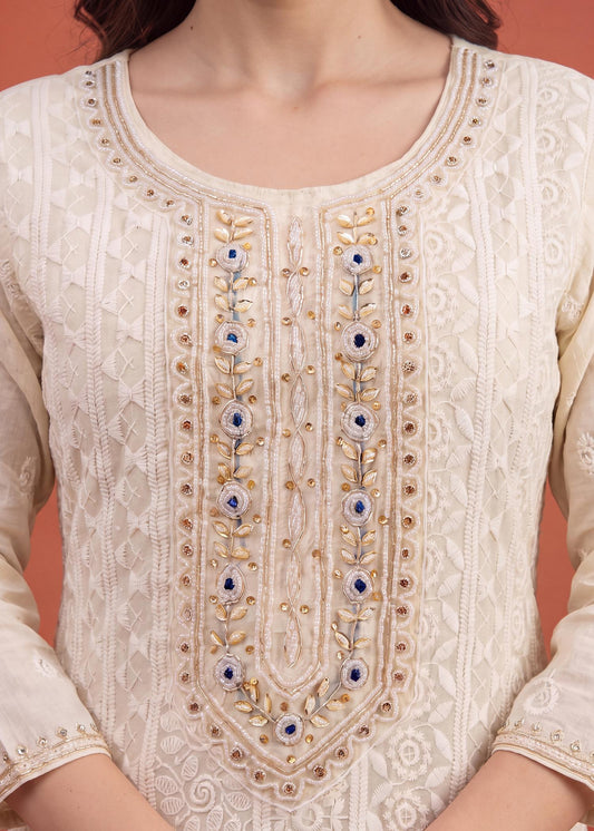 Chikankari-Style Kurta Set with Contrast Dupatta