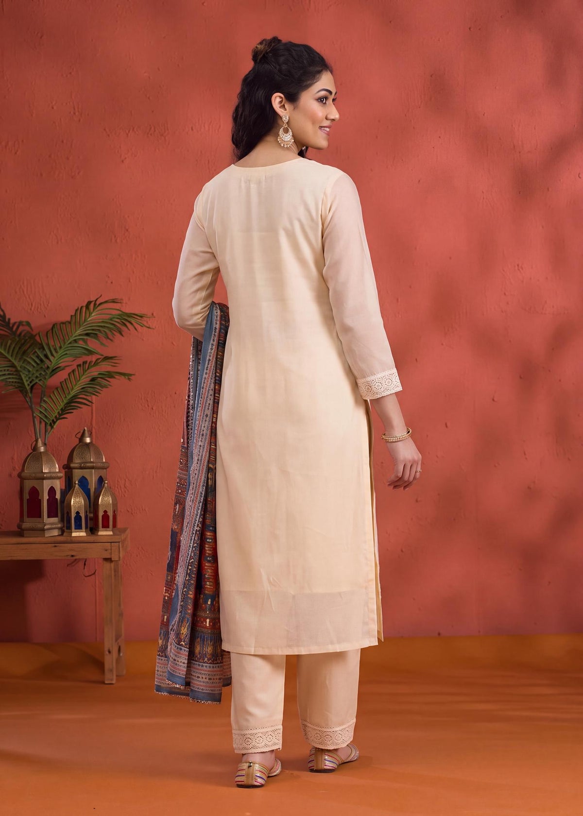 Cream Georgette Chikankari Kurta Set with Pearl Handwork Neck – back view