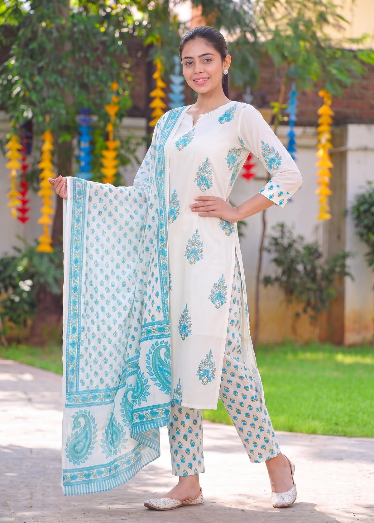 Floral sky blue printed kurta set with dupatta – front view