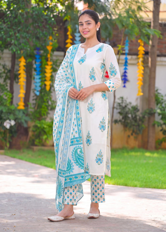 Floral Sky Blue Printed Kurta Set with Dupatta