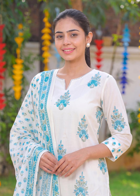 Floral Sky Blue Printed Kurta Set with Dupatta