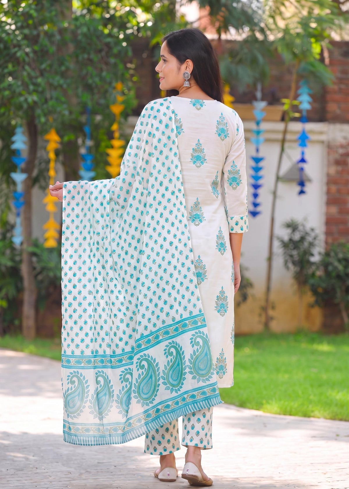 Floral sky blue printed kurta set – back view with dupatta